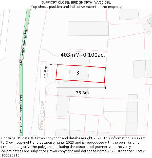 3, PRIORY CLOSE, BRIDGNORTH, WV15 6BL: Plot and title map