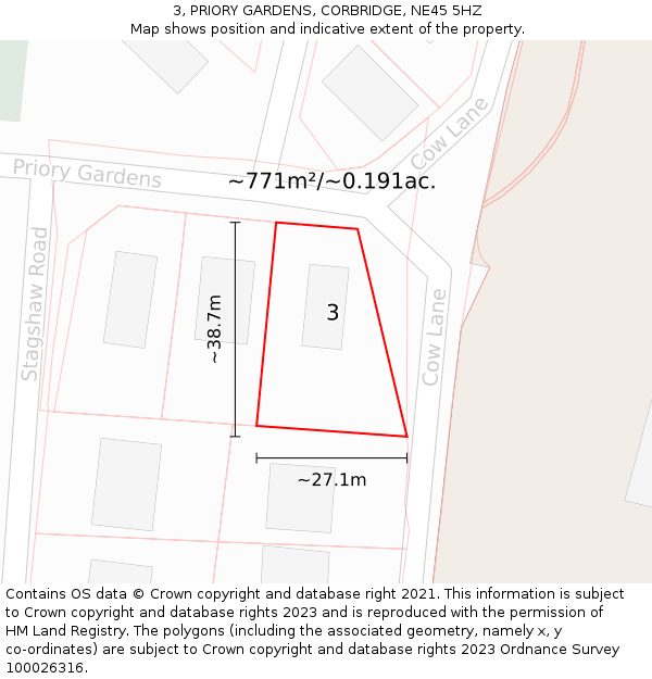 3, PRIORY GARDENS, CORBRIDGE, NE45 5HZ: Plot and title map