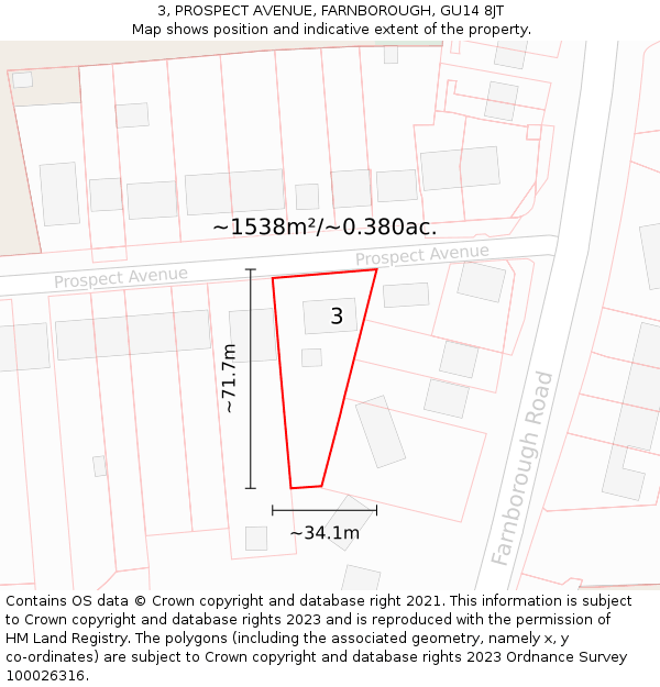 3, PROSPECT AVENUE, FARNBOROUGH, GU14 8JT: Plot and title map