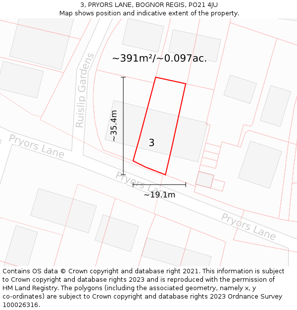 3, PRYORS LANE, BOGNOR REGIS, PO21 4JU: Plot and title map