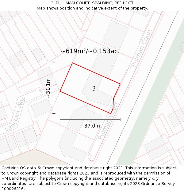 3, PULLMAN COURT, SPALDING, PE11 1GT: Plot and title map