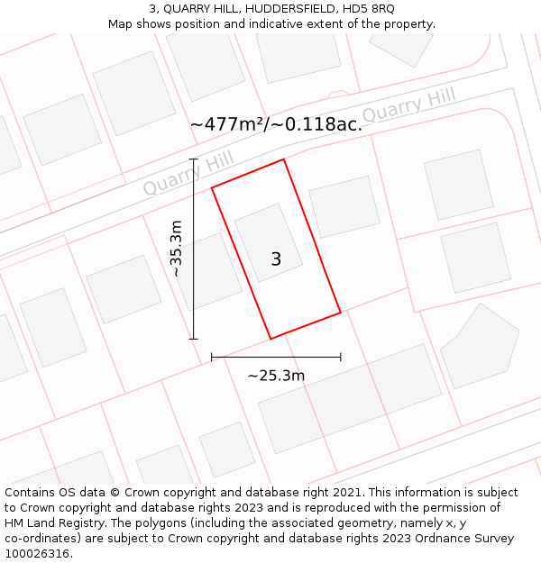 3, QUARRY HILL, HUDDERSFIELD, HD5 8RQ: Plot and title map