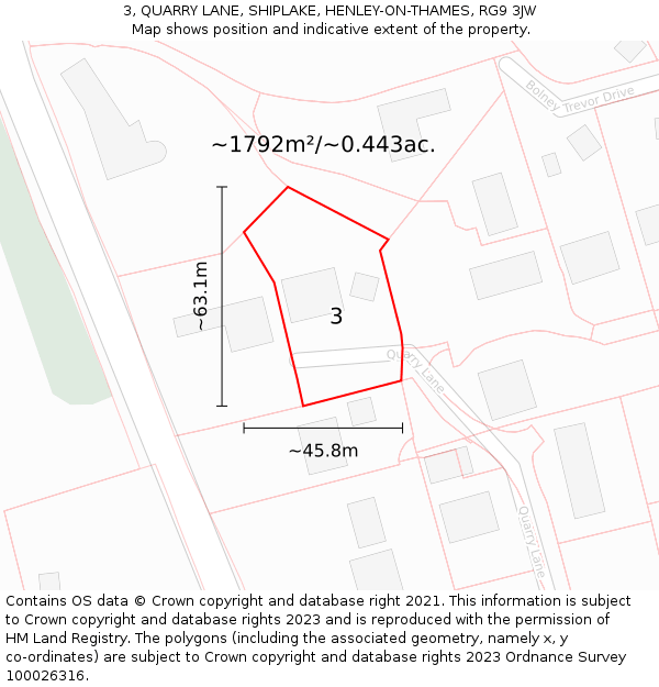 3, QUARRY LANE, SHIPLAKE, HENLEY-ON-THAMES, RG9 3JW: Plot and title map