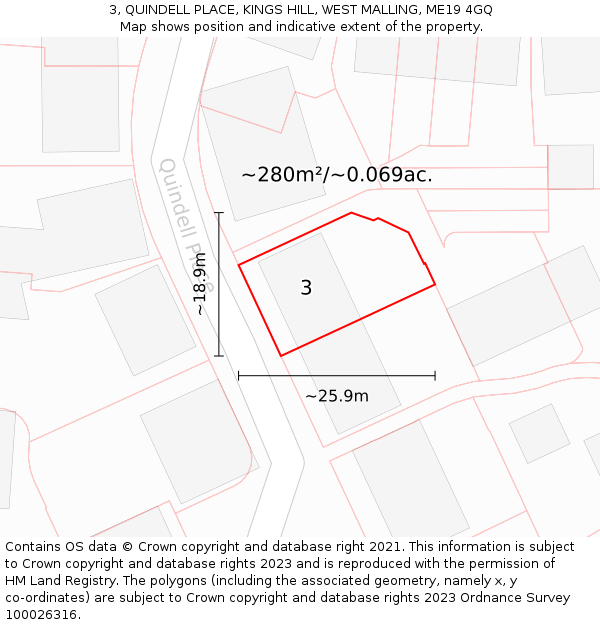 3, QUINDELL PLACE, KINGS HILL, WEST MALLING, ME19 4GQ: Plot and title map