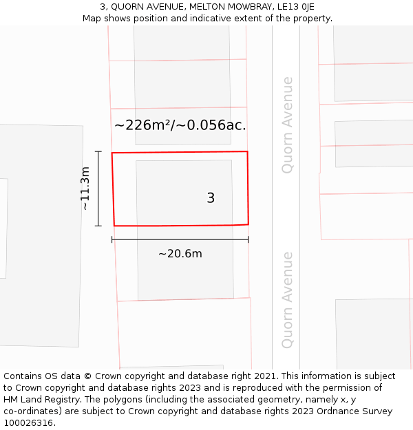 3, QUORN AVENUE, MELTON MOWBRAY, LE13 0JE: Plot and title map