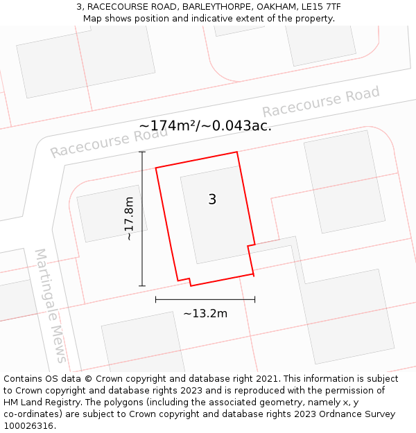 3, RACECOURSE ROAD, BARLEYTHORPE, OAKHAM, LE15 7TF: Plot and title map