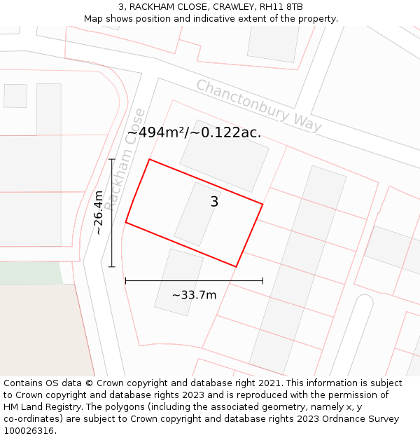 3, RACKHAM CLOSE, CRAWLEY, RH11 8TB: Plot and title map