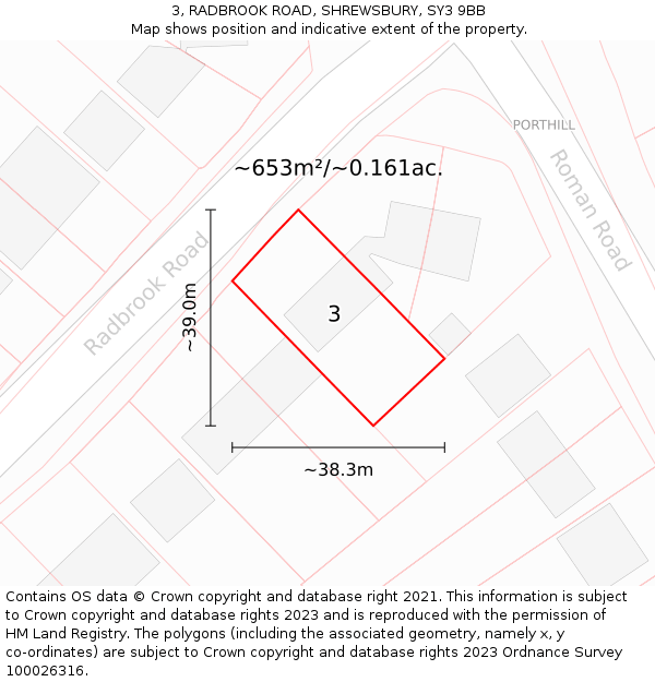 3, RADBROOK ROAD, SHREWSBURY, SY3 9BB: Plot and title map