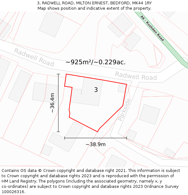 3, RADWELL ROAD, MILTON ERNEST, BEDFORD, MK44 1RY: Plot and title map