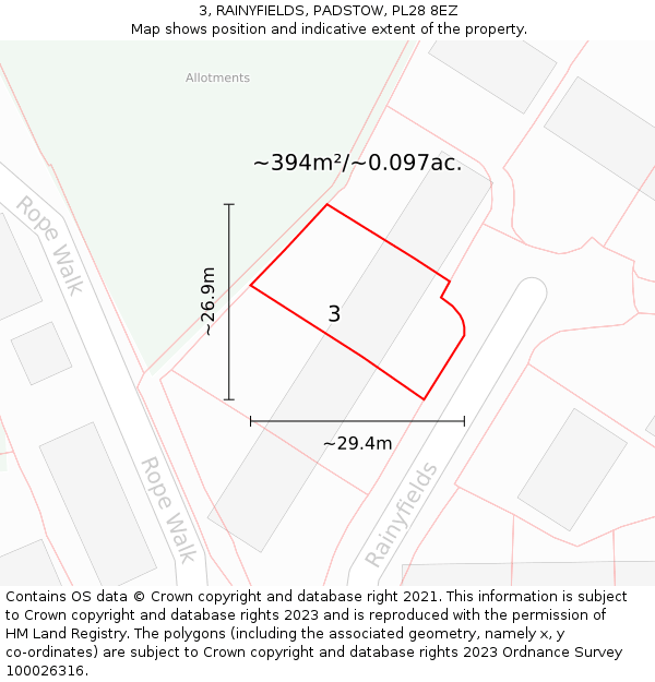 3, RAINYFIELDS, PADSTOW, PL28 8EZ: Plot and title map