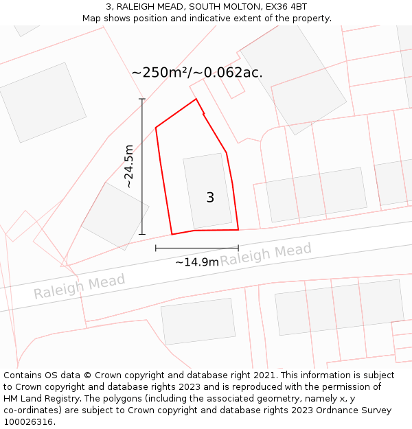 3, RALEIGH MEAD, SOUTH MOLTON, EX36 4BT: Plot and title map