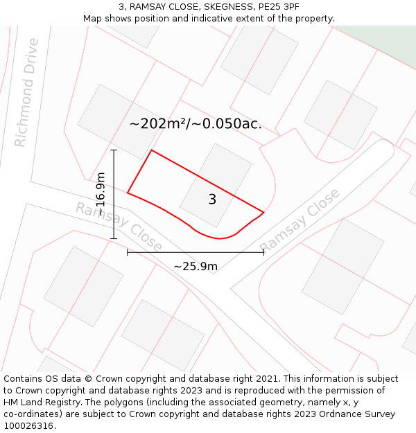 3, RAMSAY CLOSE, SKEGNESS, PE25 3PF: Plot and title map