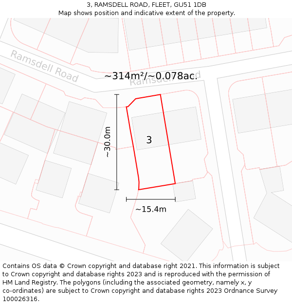 3, RAMSDELL ROAD, FLEET, GU51 1DB: Plot and title map