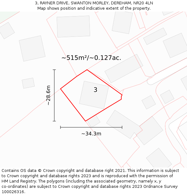 3, RAYNER DRIVE, SWANTON MORLEY, DEREHAM, NR20 4LN: Plot and title map