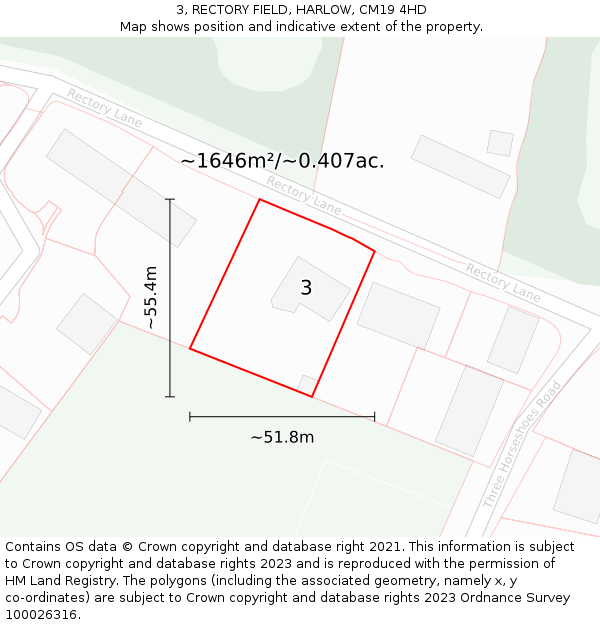 3, RECTORY FIELD, HARLOW, CM19 4HD: Plot and title map
