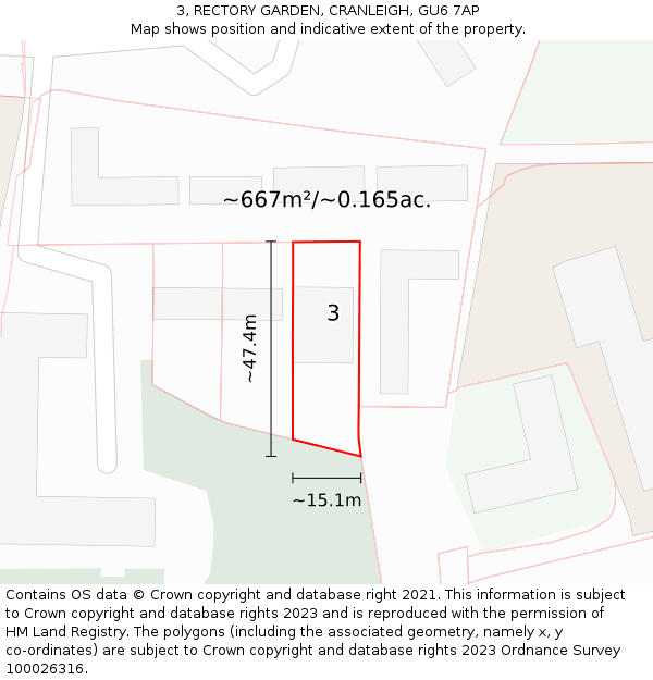 3, RECTORY GARDEN, CRANLEIGH, GU6 7AP: Plot and title map