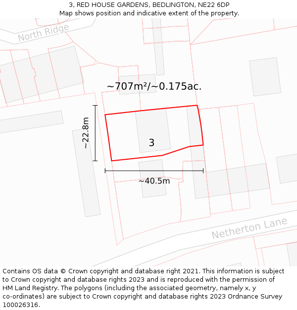 3, RED HOUSE GARDENS, BEDLINGTON, NE22 6DP: Plot and title map