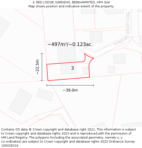 3, RED LODGE GARDENS, BERKHAMSTED, HP4 3LW: Plot and title map