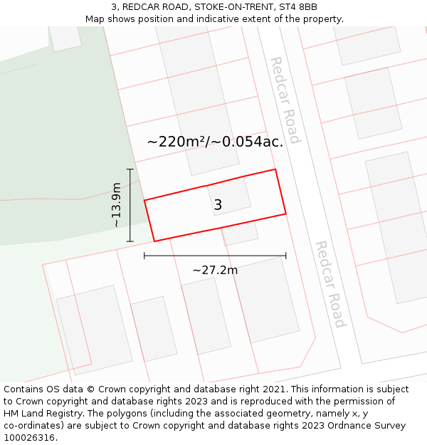3, REDCAR ROAD, STOKE-ON-TRENT, ST4 8BB: Plot and title map