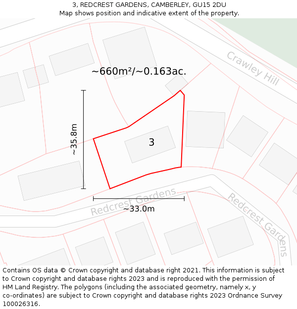 3, REDCREST GARDENS, CAMBERLEY, GU15 2DU: Plot and title map