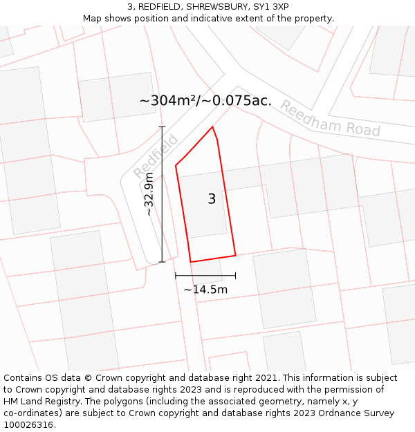 3, REDFIELD, SHREWSBURY, SY1 3XP: Plot and title map