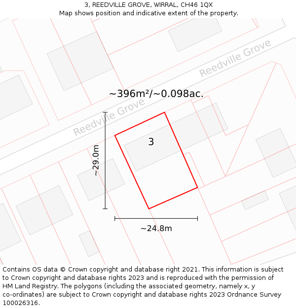 3, REEDVILLE GROVE, WIRRAL, CH46 1QX: Plot and title map