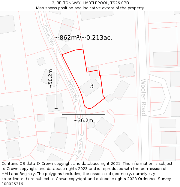 3, RELTON WAY, HARTLEPOOL, TS26 0BB: Plot and title map