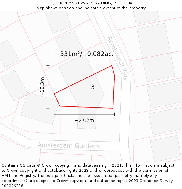 3, REMBRANDT WAY, SPALDING, PE11 3HX: Plot and title map