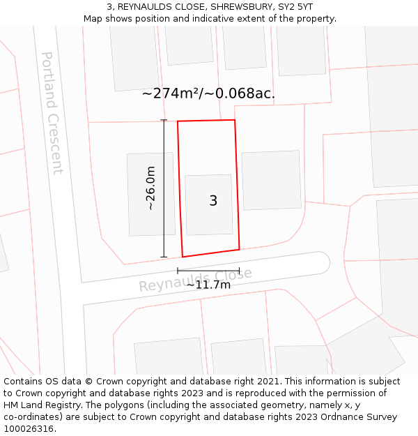 3, REYNAULDS CLOSE, SHREWSBURY, SY2 5YT: Plot and title map