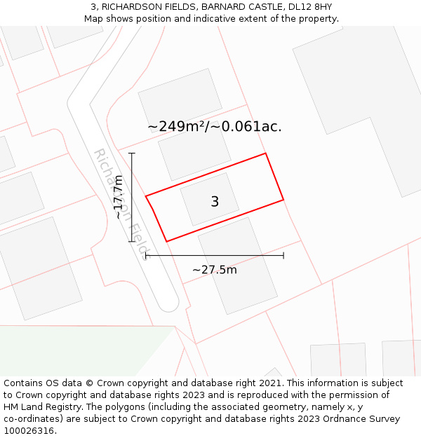 3, RICHARDSON FIELDS, BARNARD CASTLE, DL12 8HY: Plot and title map