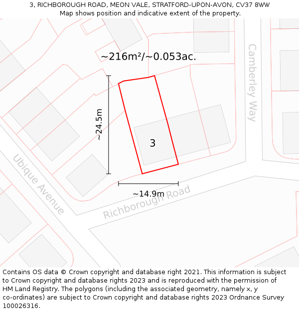 3, RICHBOROUGH ROAD, MEON VALE, STRATFORD-UPON-AVON, CV37 8WW: Plot and title map