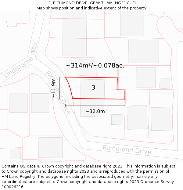 3, RICHMOND DRIVE, GRANTHAM, NG31 8UD: Plot and title map