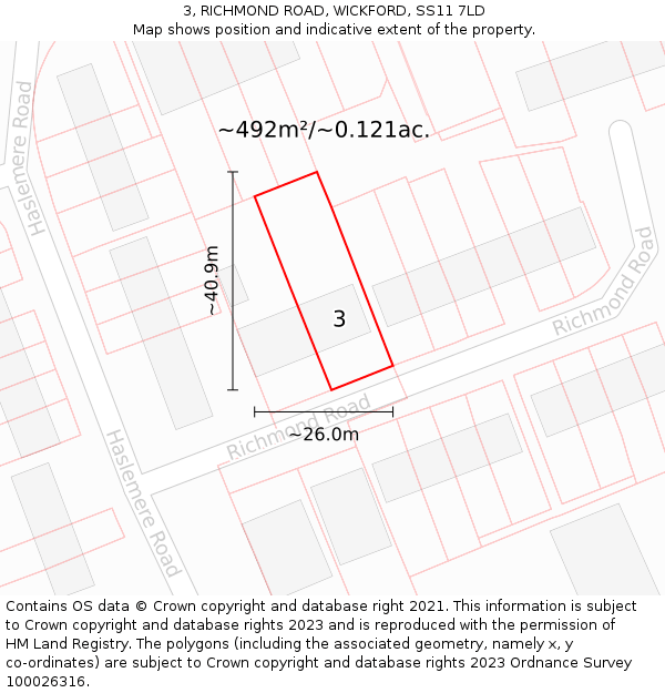 3, RICHMOND ROAD, WICKFORD, SS11 7LD: Plot and title map