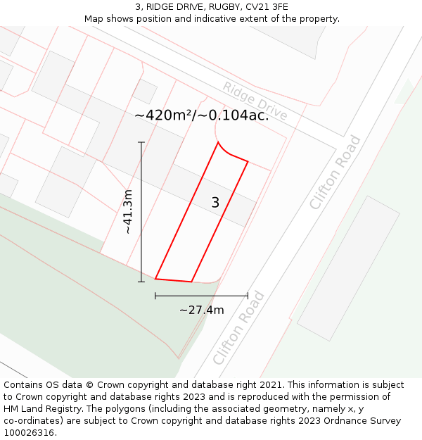 3, RIDGE DRIVE, RUGBY, CV21 3FE: Plot and title map