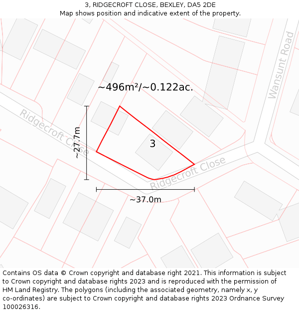 3, RIDGECROFT CLOSE, BEXLEY, DA5 2DE: Plot and title map