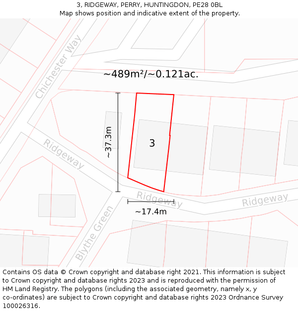 3, RIDGEWAY, PERRY, HUNTINGDON, PE28 0BL: Plot and title map