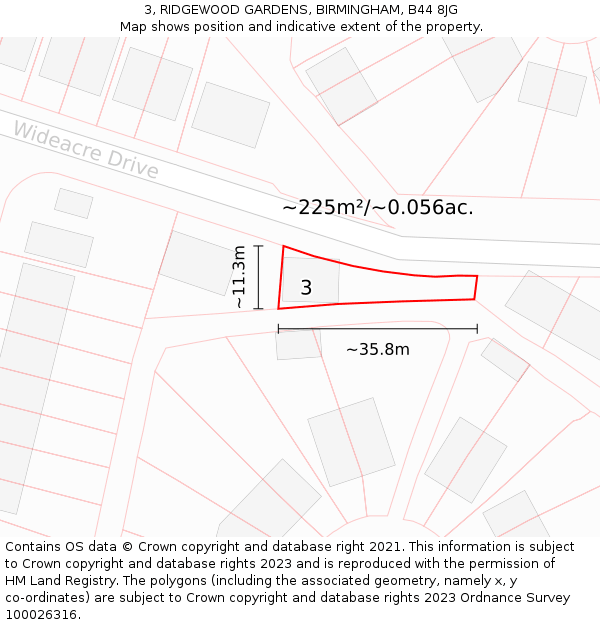 3, RIDGEWOOD GARDENS, BIRMINGHAM, B44 8JG: Plot and title map