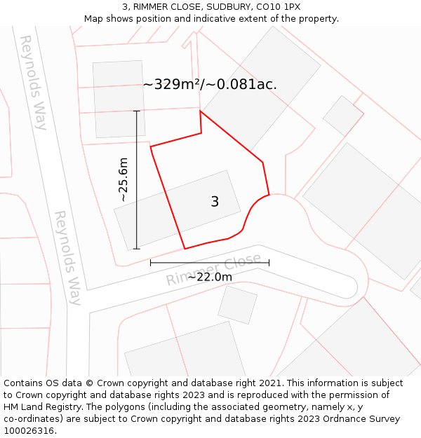 3, RIMMER CLOSE, SUDBURY, CO10 1PX: Plot and title map