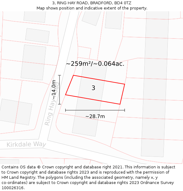 3, RING HAY ROAD, BRADFORD, BD4 0TZ: Plot and title map