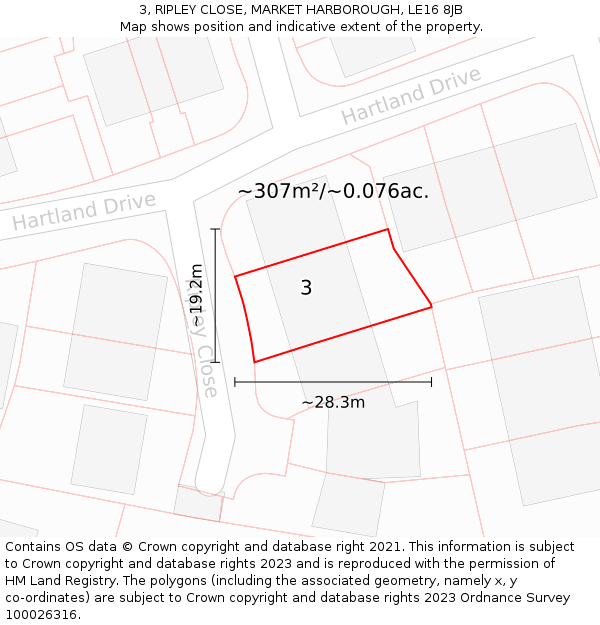 3, RIPLEY CLOSE, MARKET HARBOROUGH, LE16 8JB: Plot and title map