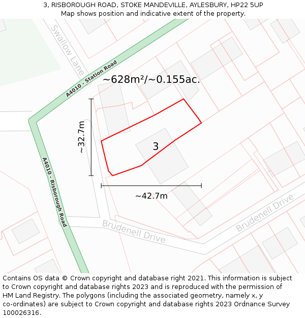 3, RISBOROUGH ROAD, STOKE MANDEVILLE, AYLESBURY, HP22 5UP: Plot and title map