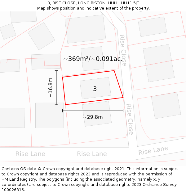 3, RISE CLOSE, LONG RISTON, HULL, HU11 5JE: Plot and title map