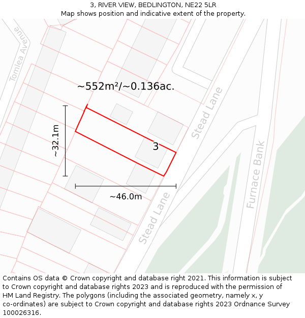 3, RIVER VIEW, BEDLINGTON, NE22 5LR: Plot and title map