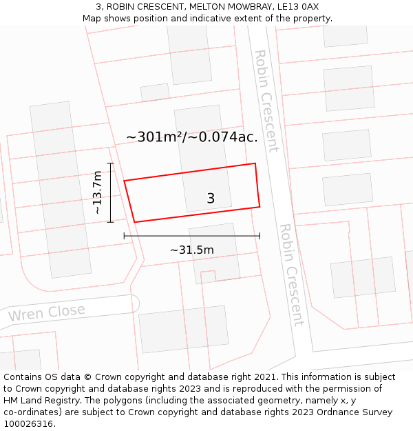 3, ROBIN CRESCENT, MELTON MOWBRAY, LE13 0AX: Plot and title map