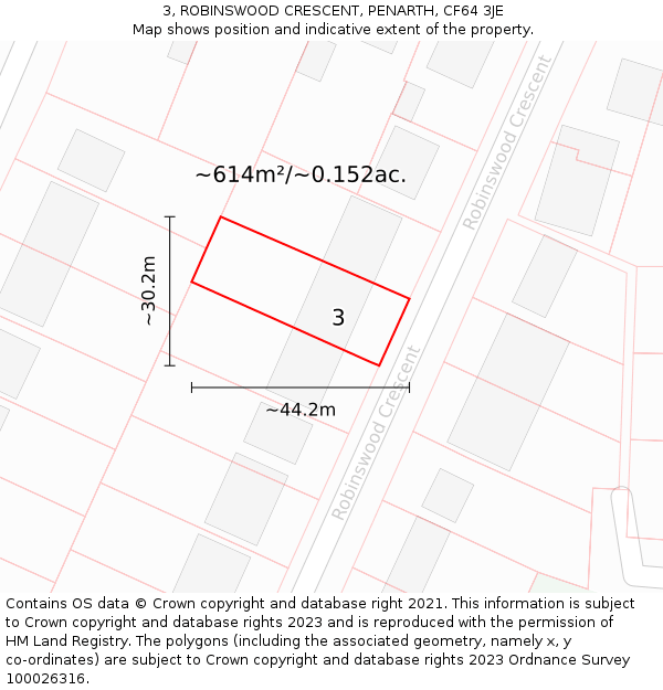 3, ROBINSWOOD CRESCENT, PENARTH, CF64 3JE: Plot and title map