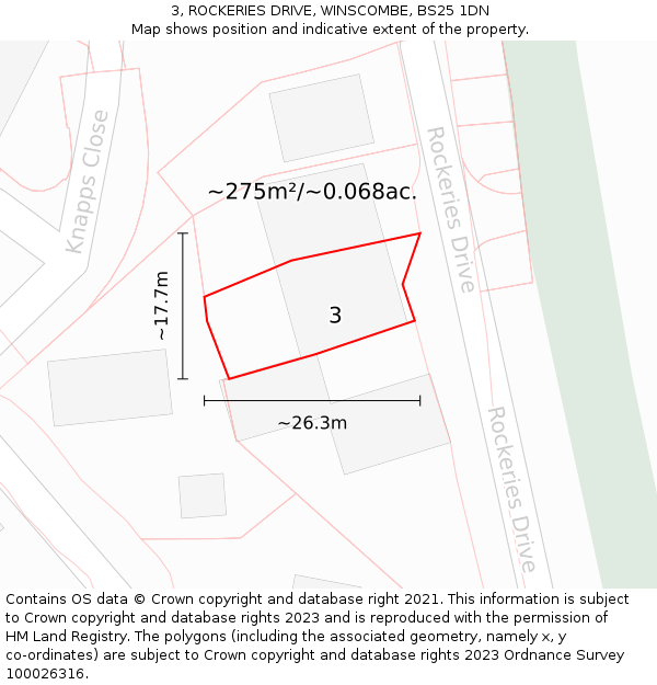 3, ROCKERIES DRIVE, WINSCOMBE, BS25 1DN: Plot and title map