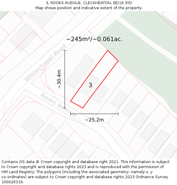 3, ROOKS AVENUE, CLECKHEATON, BD19 3YD: Plot and title map