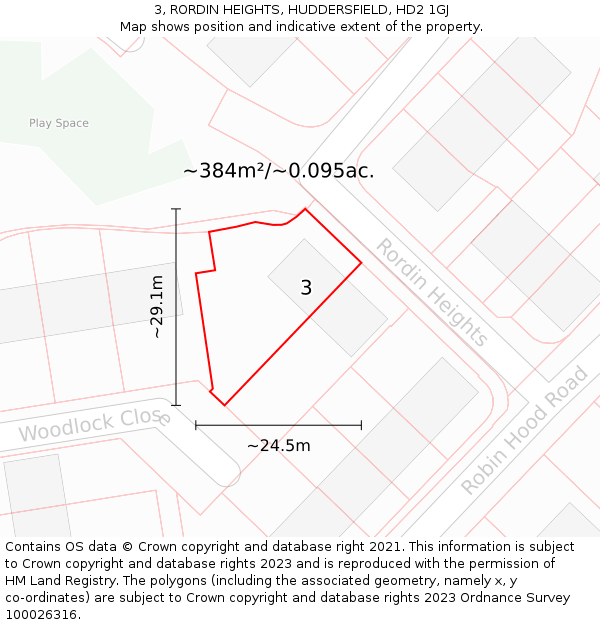 3, RORDIN HEIGHTS, HUDDERSFIELD, HD2 1GJ: Plot and title map