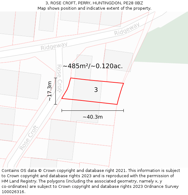 3, ROSE CROFT, PERRY, HUNTINGDON, PE28 0BZ: Plot and title map