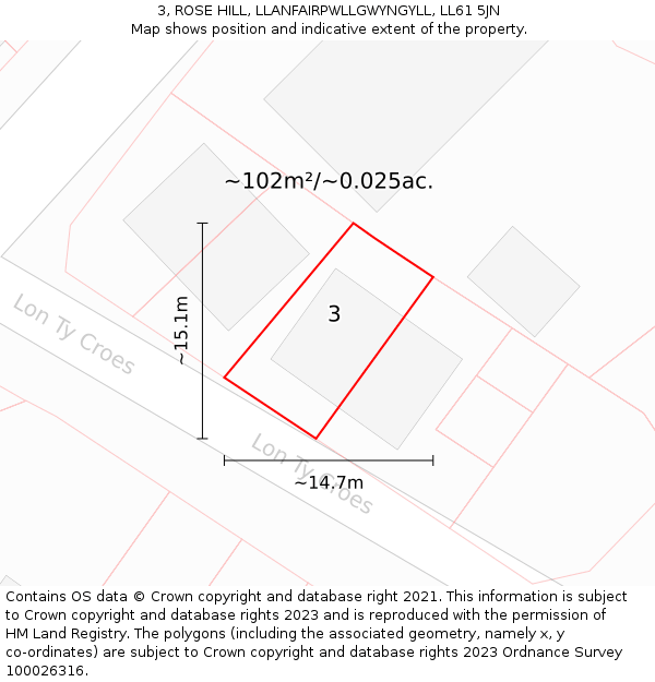 3, ROSE HILL, LLANFAIRPWLLGWYNGYLL, LL61 5JN: Plot and title map